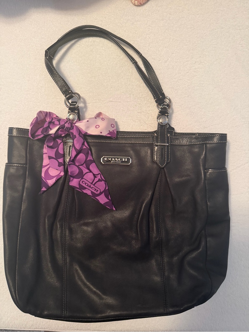 Coach Black Leather Shoulder Tote with Purple Scarf Accent